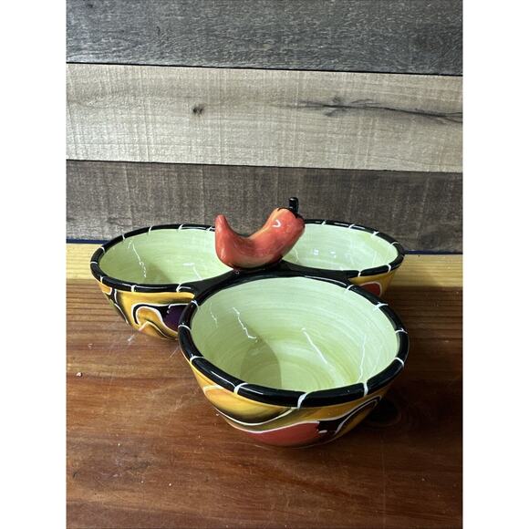 Clay Art Condiment Bowls 3 Section Jalapeño Handle Salsa Chili Pepper - Picture 1 of 7